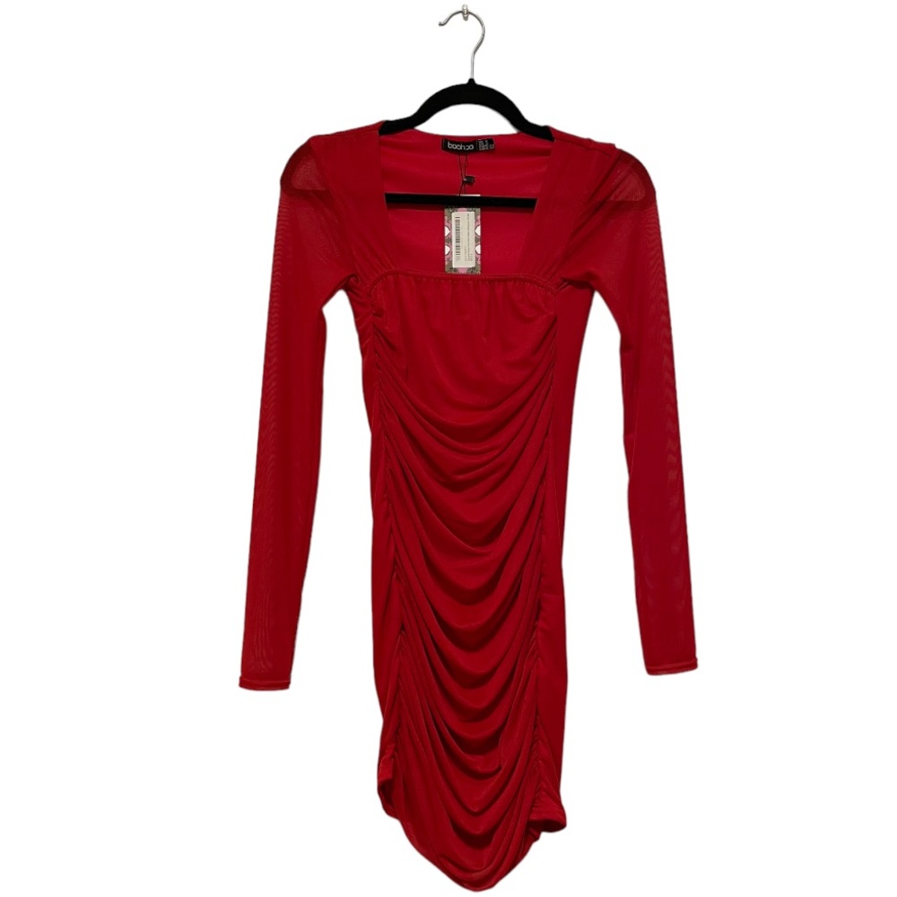 Boohoo NWT Red Square Neck Ruched Mesh Bodycon Dress